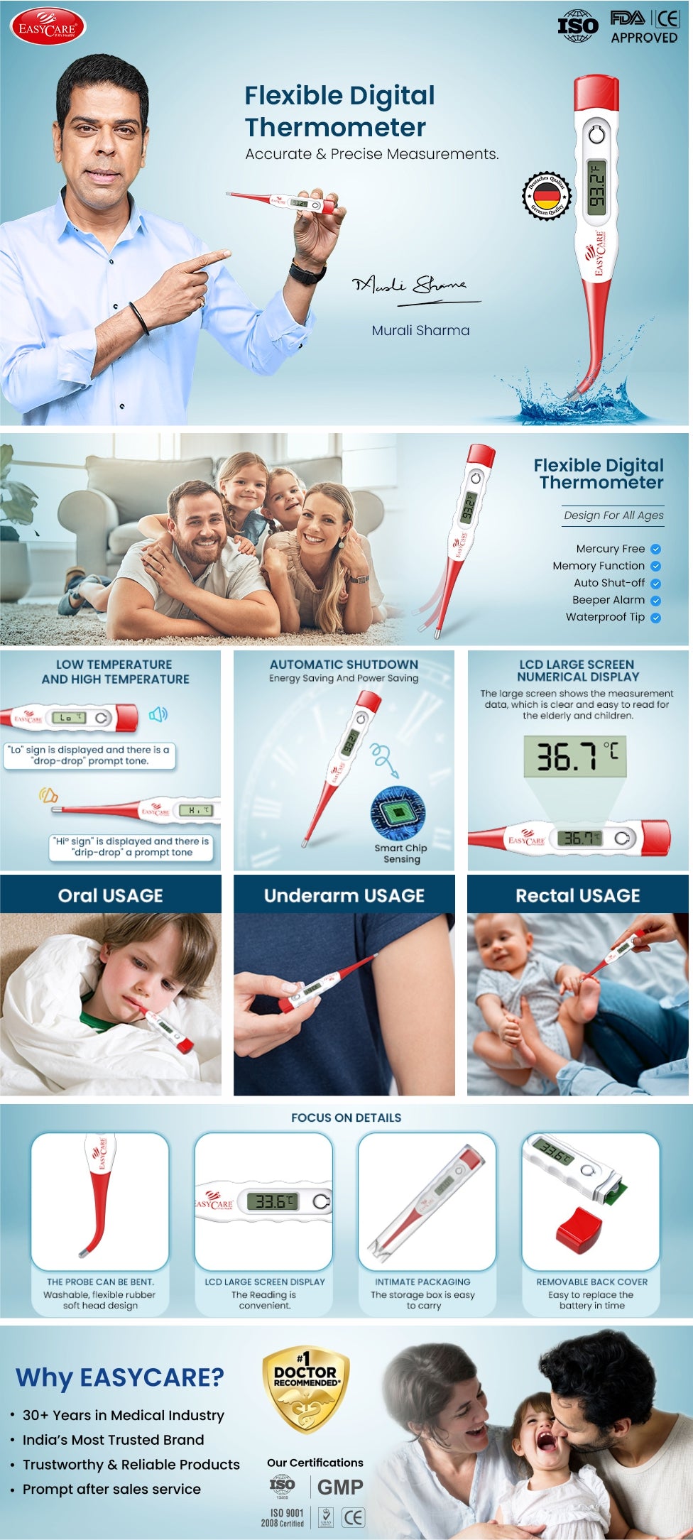 Advertisement for a flexible digital thermometer with usage examples and features.