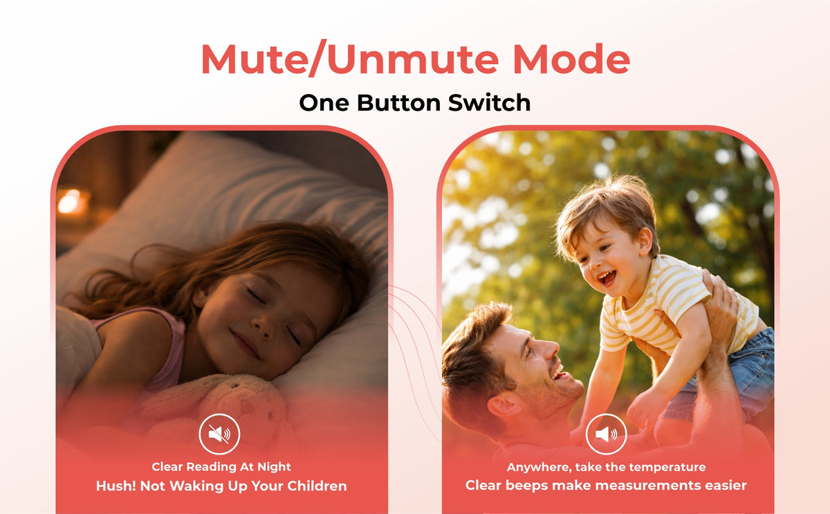 Product advertisement with two images: one of a child sleeping and another of a man and child outdoors, with text about mute/unmute mode and one button switch.