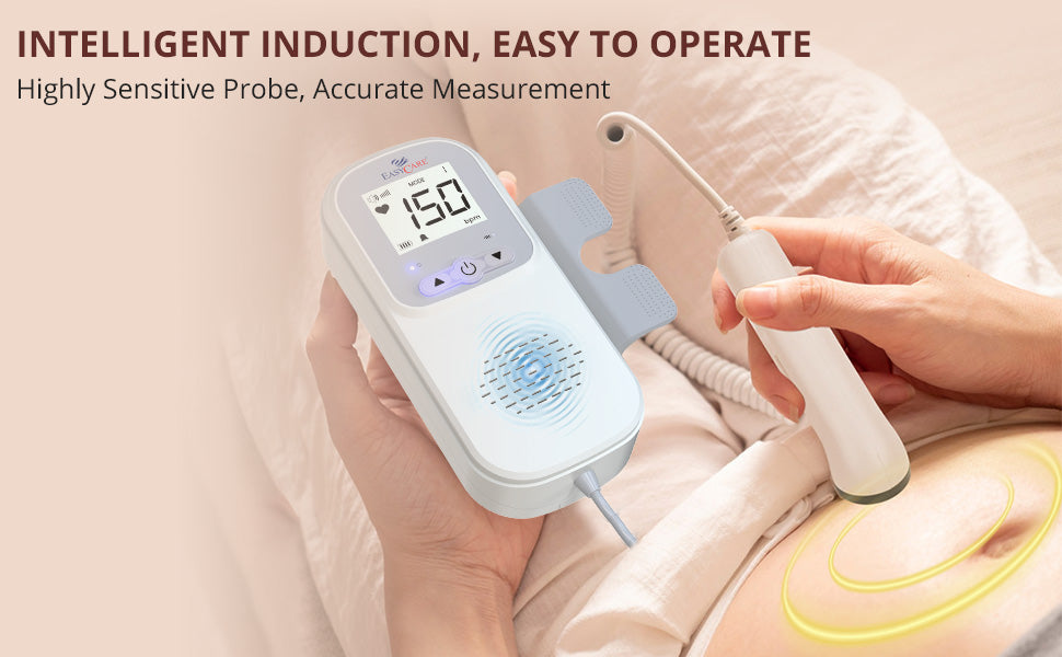 Fetal Doppler device being used on a pregnant belly with text about its features.