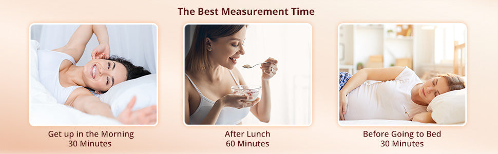 Three images showing a woman at different times of the day with text indicating the best measurement time.