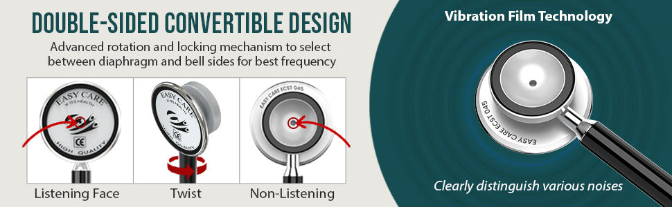 Stethoscope with double-sided convertible design and vibration film technology on a gray background.