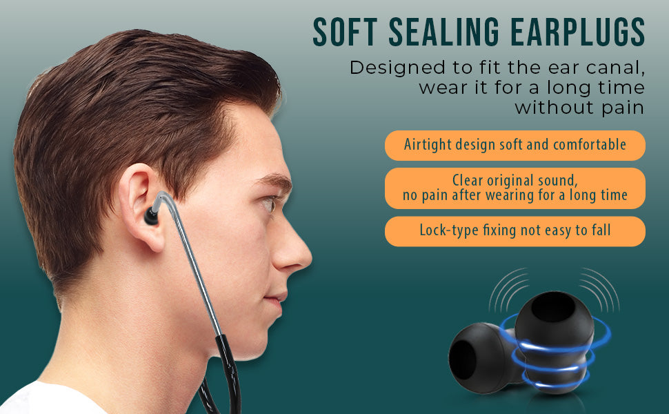 Person wearing soft sealing earplugs stethoscope with details on a green background