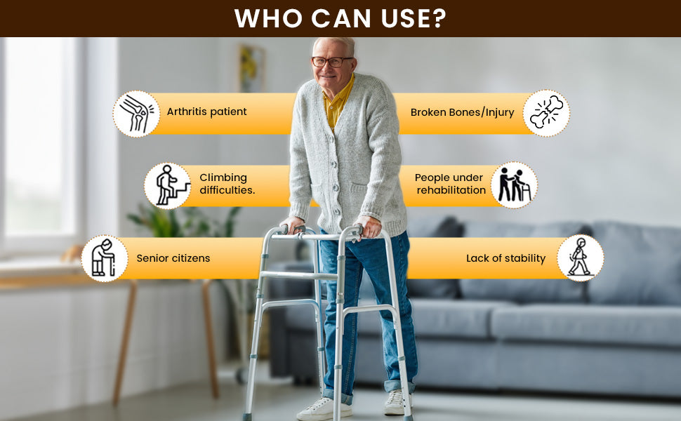 Man using a walker with text indicating who can use it, including arthritis patients, broken bones/injury, climbing difficulties, people under rehabilitation, senior citizens, and lack of stability.