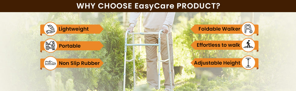 Advertisement for EasyCare product featuring a foldable walker with listed benefits.