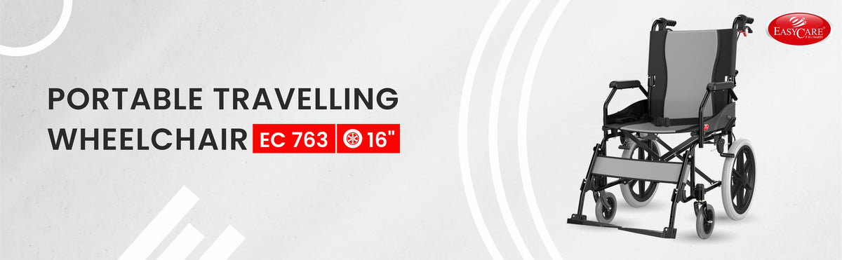 Portable travelling wheelchair with EC 763 logo on a white background
