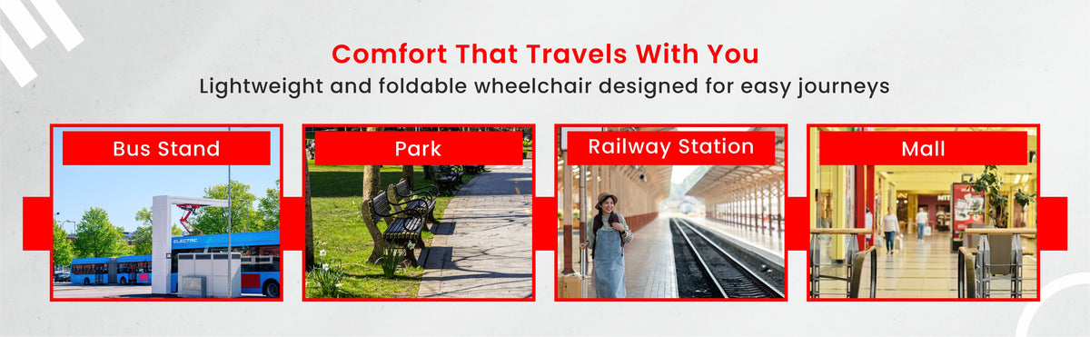 Advertisement for a lightweight and foldable wheelchair with images of bus stand, park, railway station, and mail.