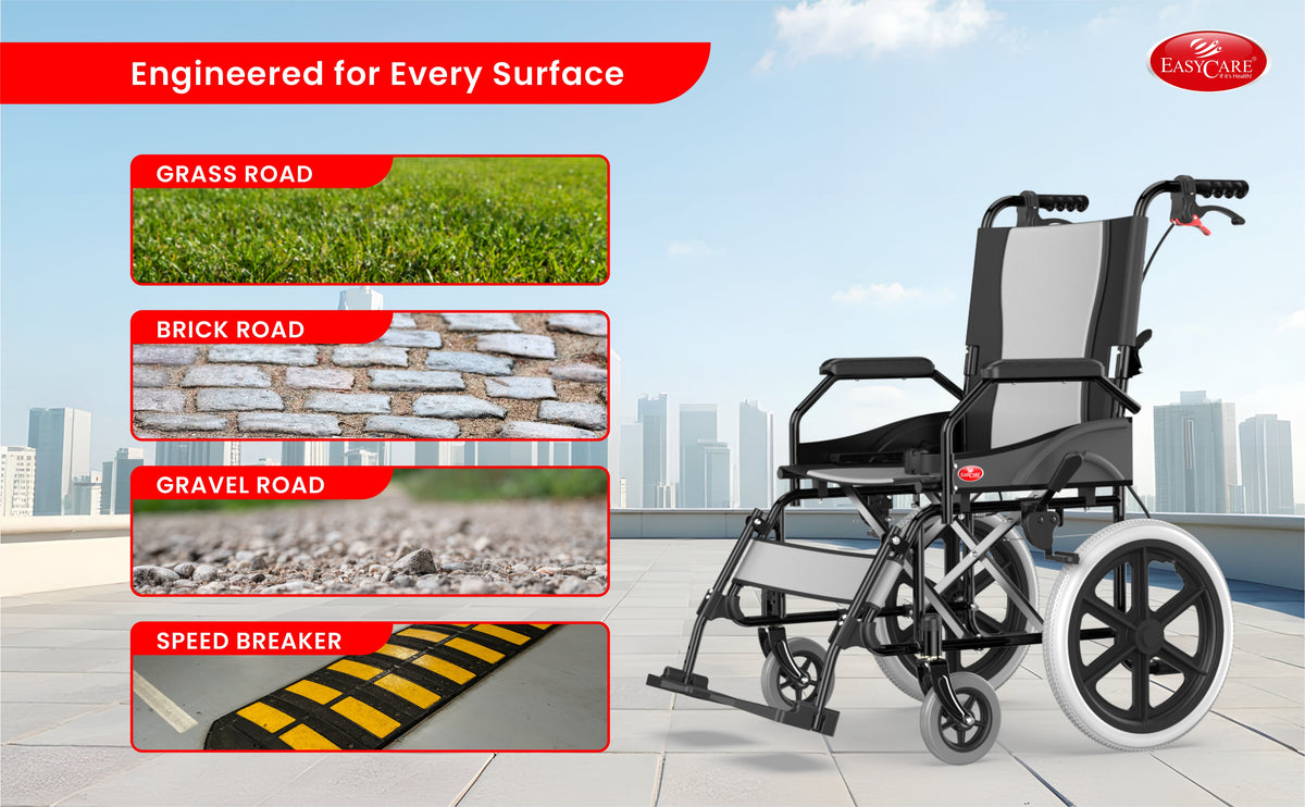 Wheelchair with features highlighted on a cityscape background