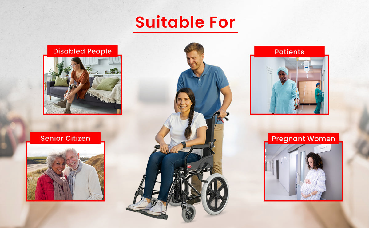 Promotional image of a wheelchair with text indicating suitability for disabled people, patients, senior citizens, and pregnant women.