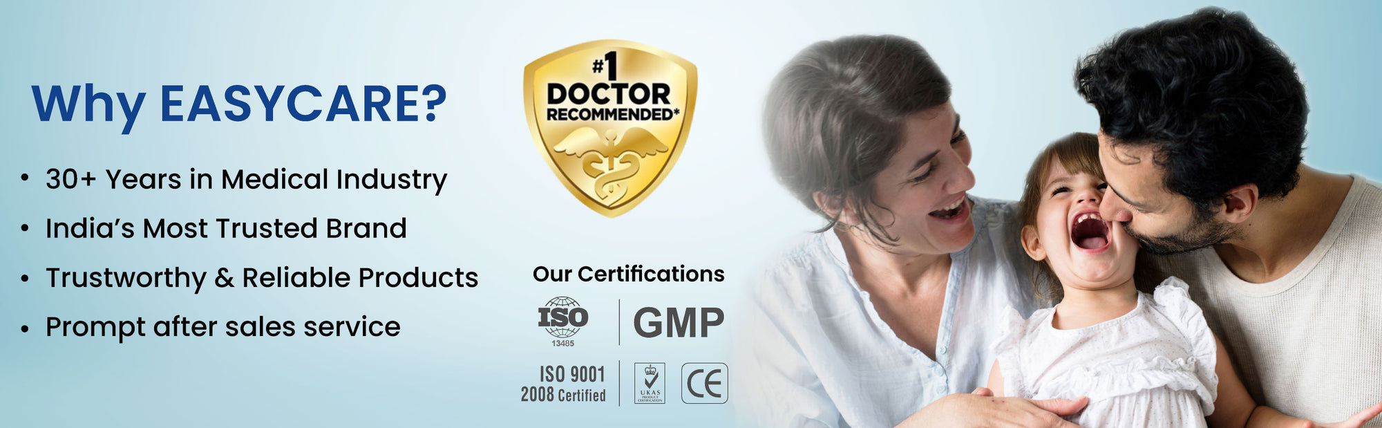 Advertisement for EASYCARE with family and certifications on a light blue background