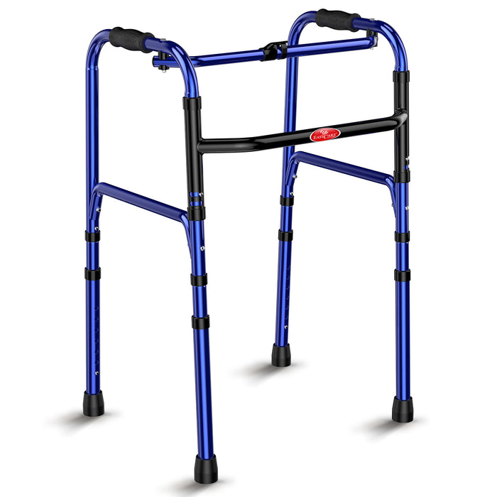 Lightweight and portable aluminum foldable walker with 8 height adjustments (41-51 CM) and ergonomic grips, designed for enhanced mobility, balance, and stability for the elderly and disabled