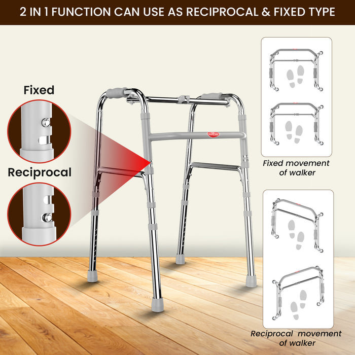 Aluminum Foldable Walker with 2-in-1 Fixed and Reciprocal Movement Function – Lightweight, Adjustable Support for Elderly and Disabled