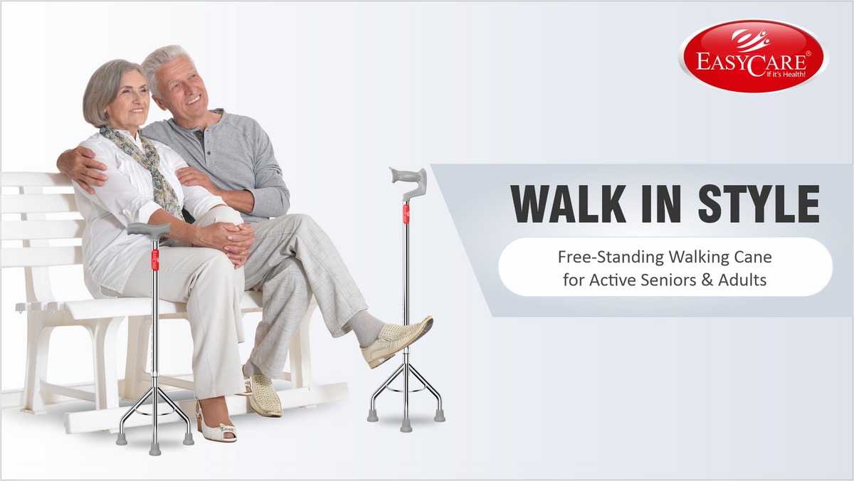 Advertisement for EASYCARE walking canes with an elderly couple and product display.
