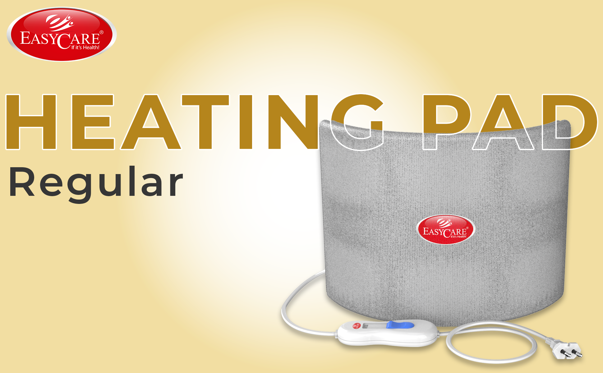 Gray fabric heating pad with 'Easycare' branding on a beige background