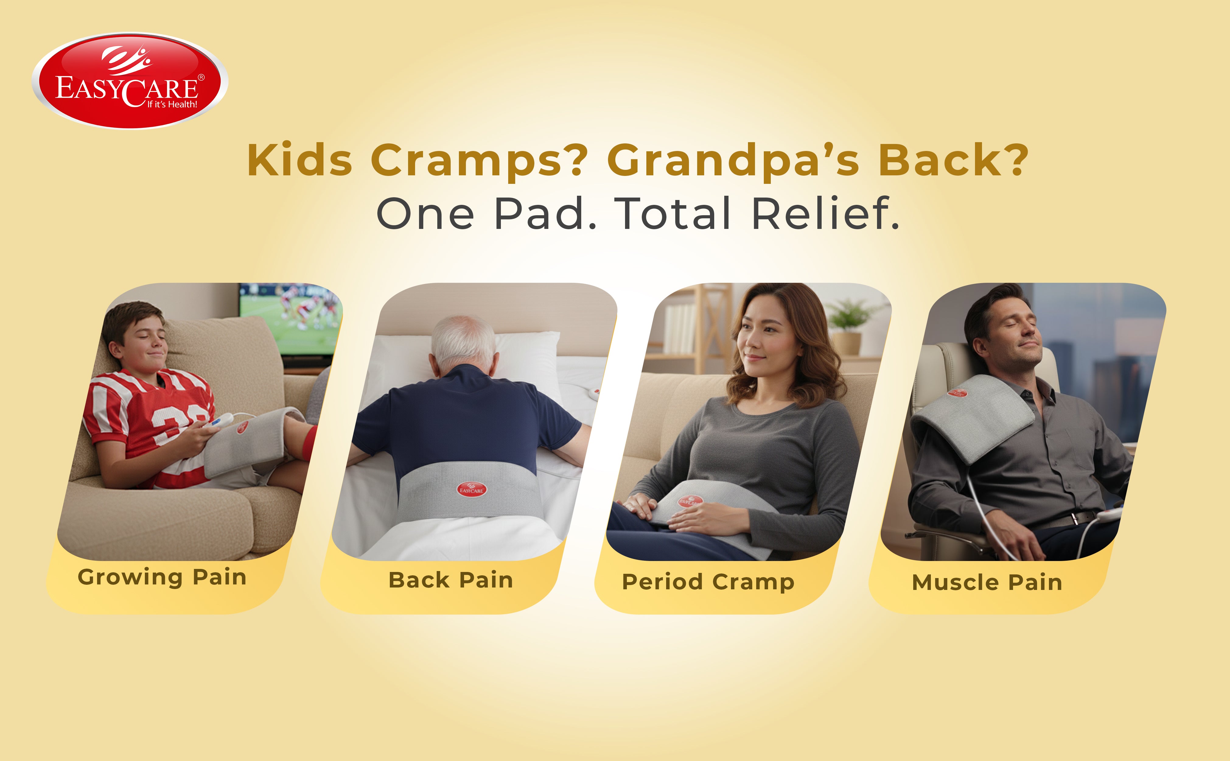 Advertisement for EASYCARE fabric heating pad showing its use for various pains like growing pain, back pain, period cramp, and muscle pain.
