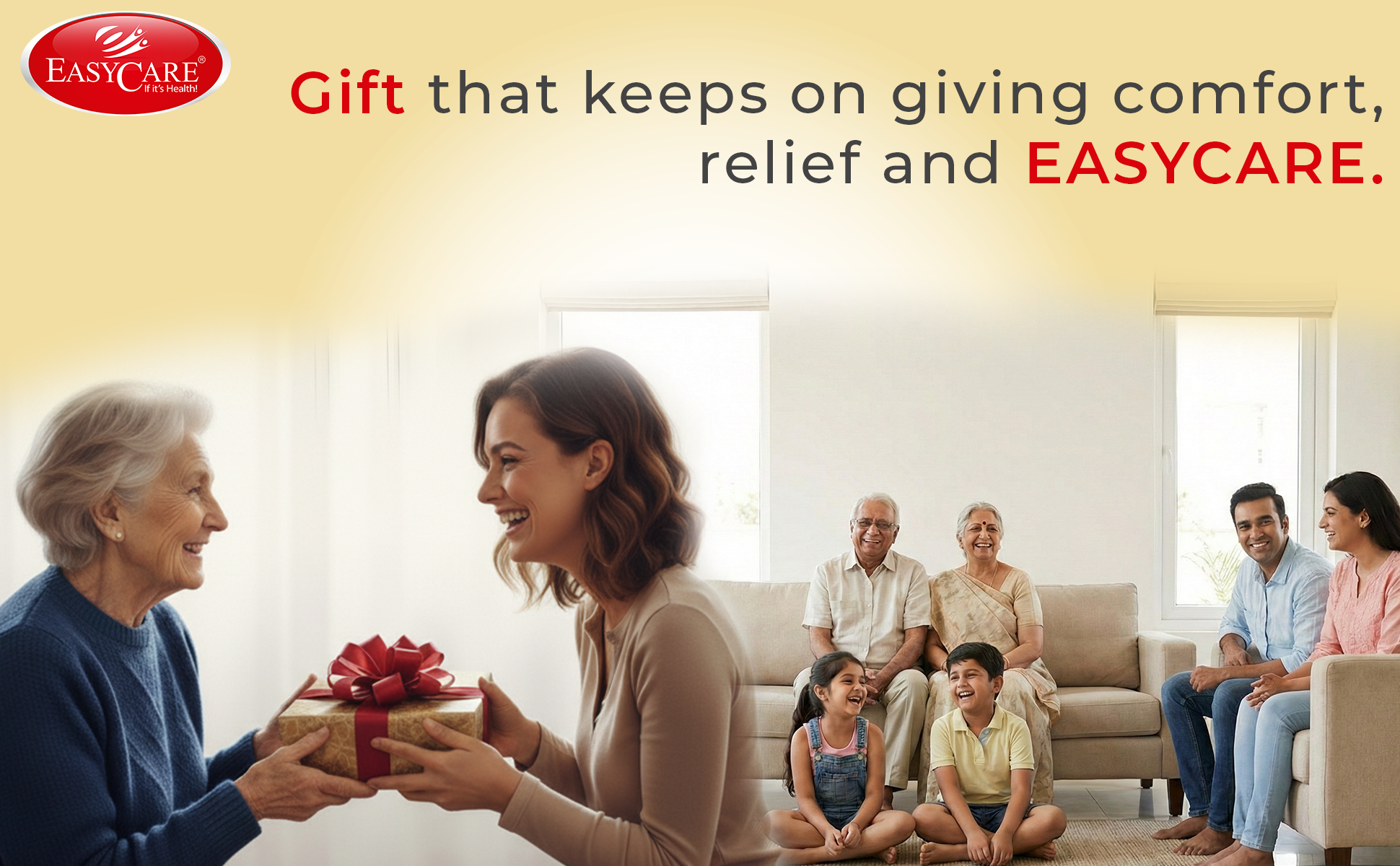 Woman giving a heating pad as gift to an elderly woman with a family sitting on a couch in the background, featuring Easycare branding.