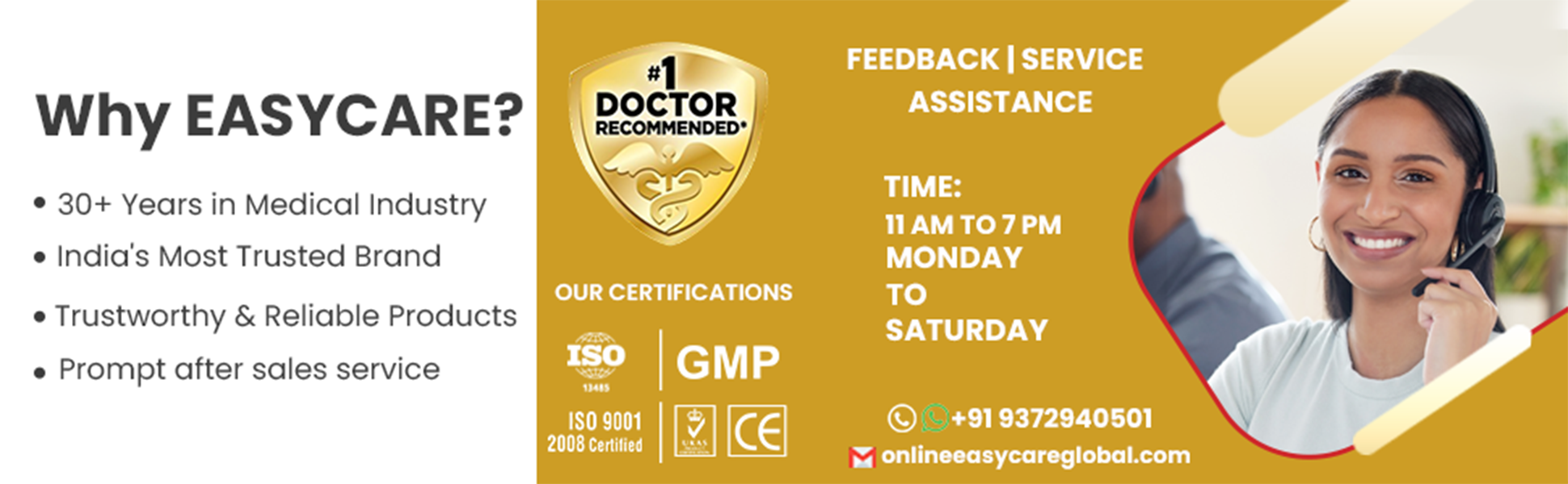 EASYCARE advertisement with contact information and certification logos on a yellow background for heating pad