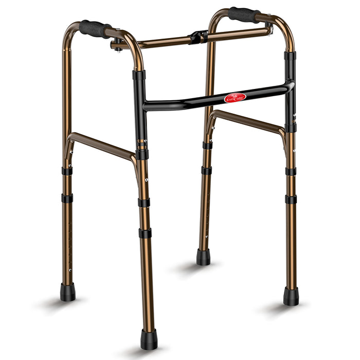 Lightweight, portable brown aluminum foldable walker with adjustable height, ergonomic grips, and sturdy design to enhance mobility for elderly and disabled individuals