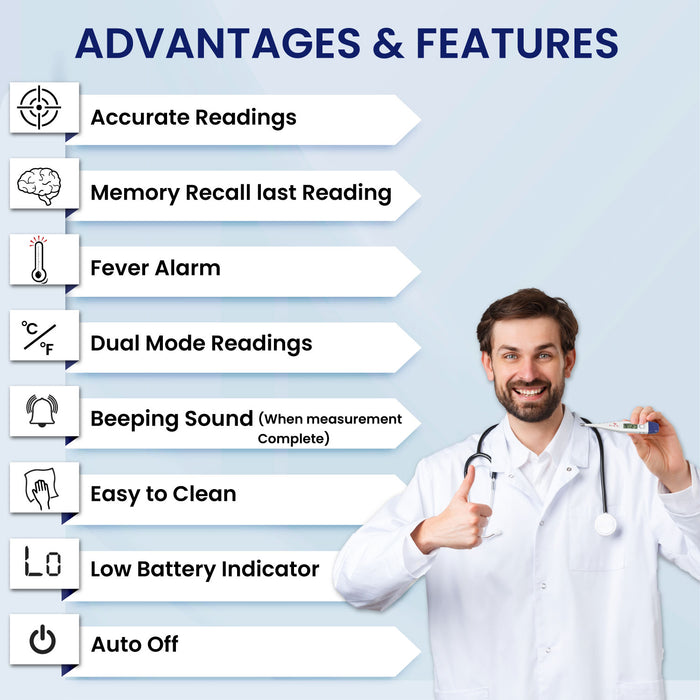 An infographic of a doctor giving a thumbs-up, listing the key advantages and features of a digital thermometer, including a fever alarm, dual modes, memory recall, and an easy-to-clean design.