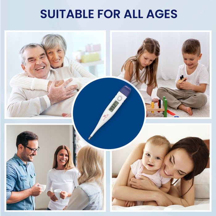 An infographic for a digital thermometer, highlighting its suitability for all ages, including seniors, children, and adults, promoting it as a family-friendly and reliable device.