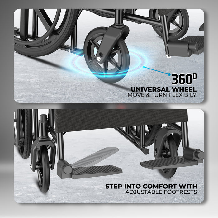 Easycare Universal Wheelchair with 360° Flexible Wheels - Move and Turn with Ease | Comfortable Adjustable Footrests for Maximum Comfort