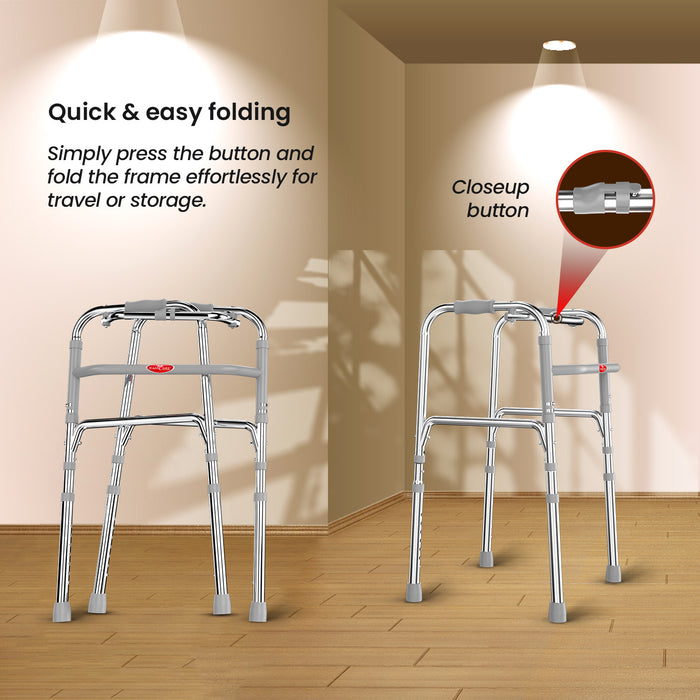 Easycare aluminum foldable walker shown in both open and folded positions, highlighting the quick and easy folding button for travel and storage.