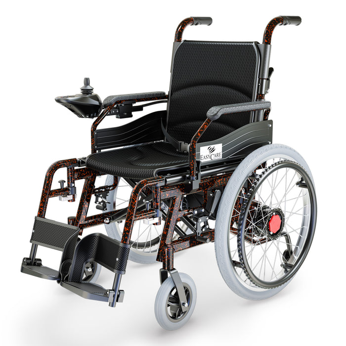 EasyCare Automatic Aluminium Wheelchair with dual motors, 22-inch rear wheels, foldable backrest, flip-up armrests, and removable battery box for easy charging.