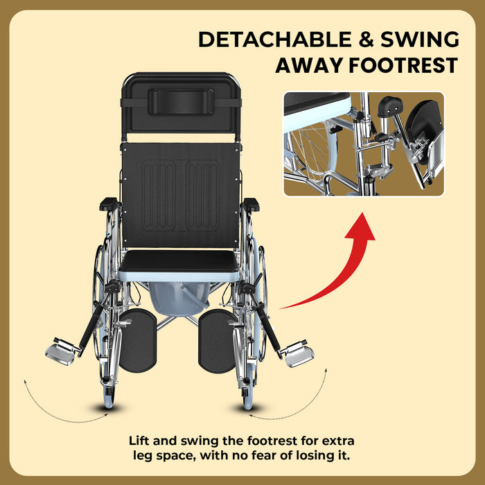 Detachable and swing-away footrest on Easycare reclining commode wheelchair – provides extra leg space and easy entry without removing the footrest