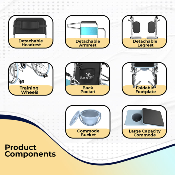 Easycare reclining steel commode wheelchair with detachable headrest, armrest, legrest, foldable footplate, training wheels, large capacity commode bucket, and back pocket