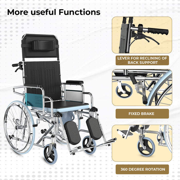 Easycare reclining steel commode wheelchair showing reclining lever, fixed brake for safety, and 360-degree rotating front wheels for smooth mobility