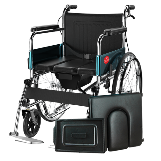 Side View of EasyCare EC608CL 24" Premium Folding Wheelchair with Commode - Chrome Plated Frame, Self-Propelled Wheels, Flip-up Leg Rest, Hand & Attendant Brakes, PVC U-Cut Seat, and Removable Toilet Pot