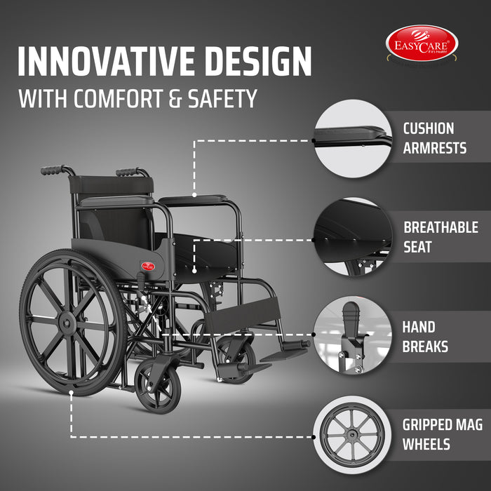 Easycare Foldable Wheelchair with Cushion Armrests, Breathable Seat, Hand Brakes, and Gripped Mag Wheels for Elderly, Disabled, and Patients | Portable, Comfortable, and Safe