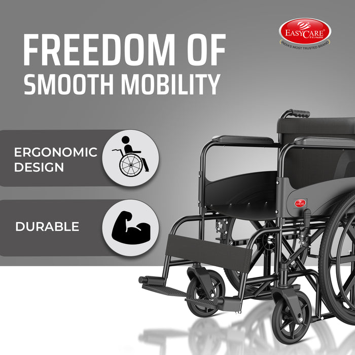 EasyCare foldable wheelchair with ergonomic design, lightweight mobility, durable construction, safety belt, toilet wheelchair, and foldable features. Perfect for elderly users, travel-friendly, and designed for smooth ride across various terrains.