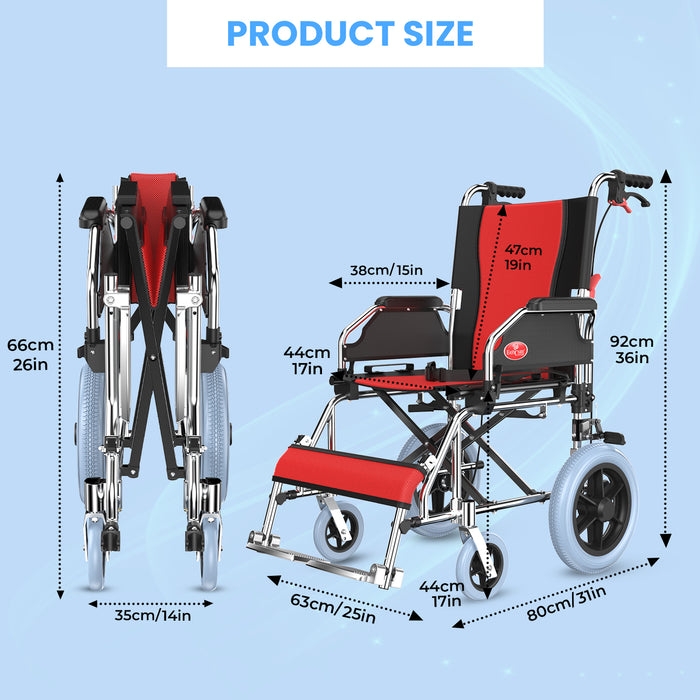 Size chart and dimensions of EASYCARE foldable aluminum wheelchair with 12-inch rear wheels and adjustable backrest