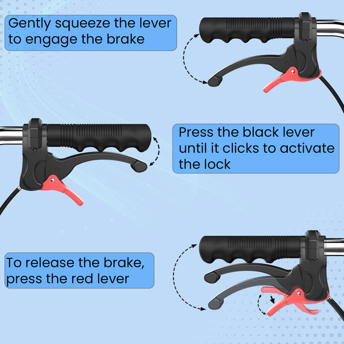 Step-by-step handbrake instructions for EASYCARE folding wheelchair—how to engage, lock, and release the brake safely for wheelchair mobility control