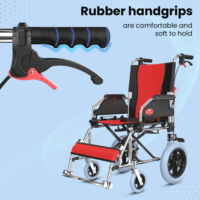 Comfortable soft rubber handgrips on EASYCARE folding wheelchair for secure and ergonomic wheelchair handling