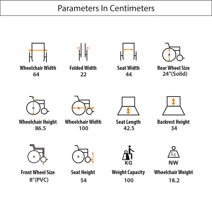 Dimensions chart of EASYCARE reclining commode wheelchair – steel frame, foldable design, 100 kg weight capacity, 24-inch rear wheels, 8-inch front wheels