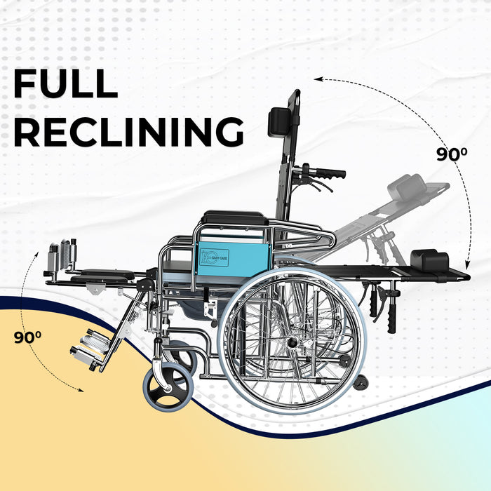 Easycare reclining commode wheelchair fully reclined from 90 to 180 degrees – steel frame, adjustable backrest, and foldable design for comfort and mobility