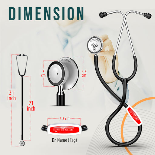 An infographic detailing the dimensions of a stethoscope, including its tube length of 31 inches and chestpiece size, along with a customizable tag for the doctor's name.