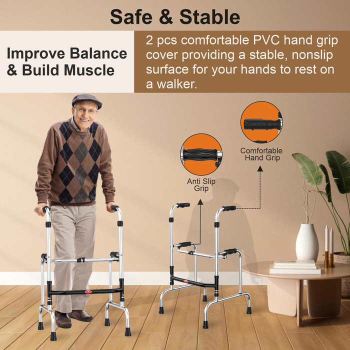 EASYCARE Walker with Safe & Stable Anti-Slip Hand Grips - Improve Balance and Build Muscle. Features 2 Comfortable PVC Hand Grip Covers for a Stable, Non-Slip Surface, Ensuring Maximum Comfort and Safety for Users with Enhanced Grip during Use