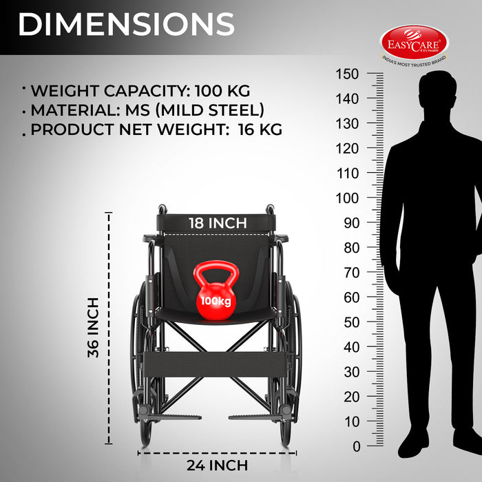 EasyCare wheelchair with detailed dimensions showcasing compact, lightweight design, perfect for storage and easy transport. Includes seat width, rear and front wheel sizes, height, and overall length for an optimal fit.