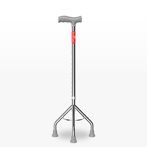 Silver walking cane with a red label on a white background