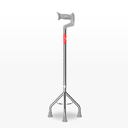 Silver walking cane with a red label on a white background