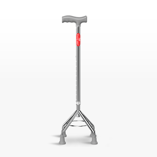 Three-wheeled walking aid with a gray handle on a white background