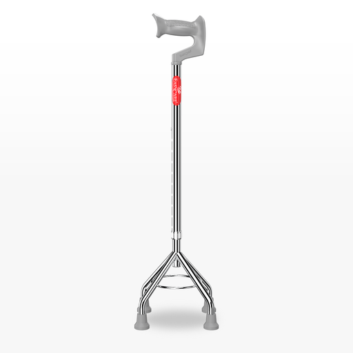 Silver walking cane with a gray handle on a white background