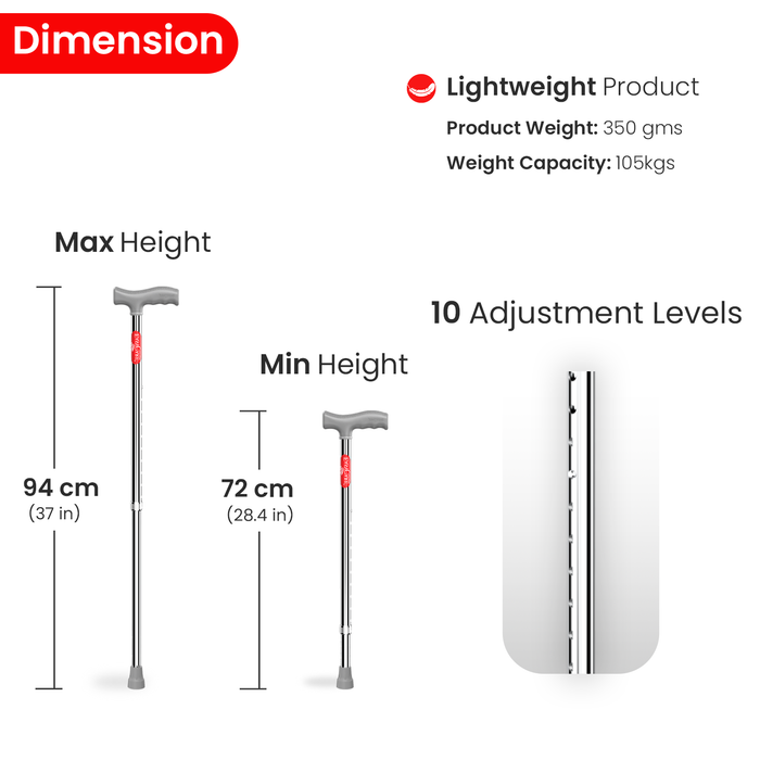 Adjustable walking stick with height measurement details on a white background