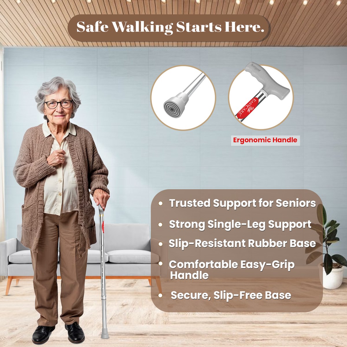 Old woman using a walking stick with product features highlighted on a wooden floor.