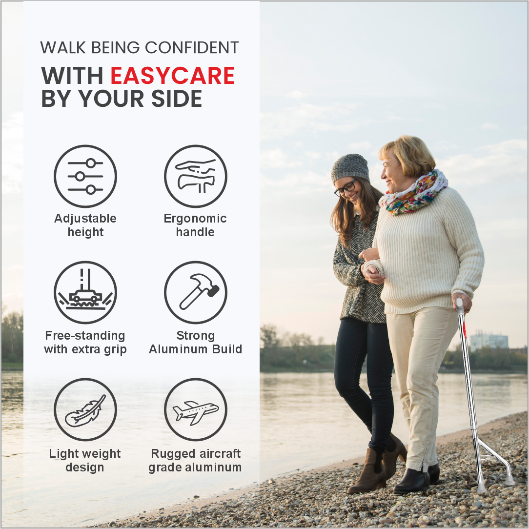Two people walking along a path by a lake with promotional text and icons for Easycare waking stick features.