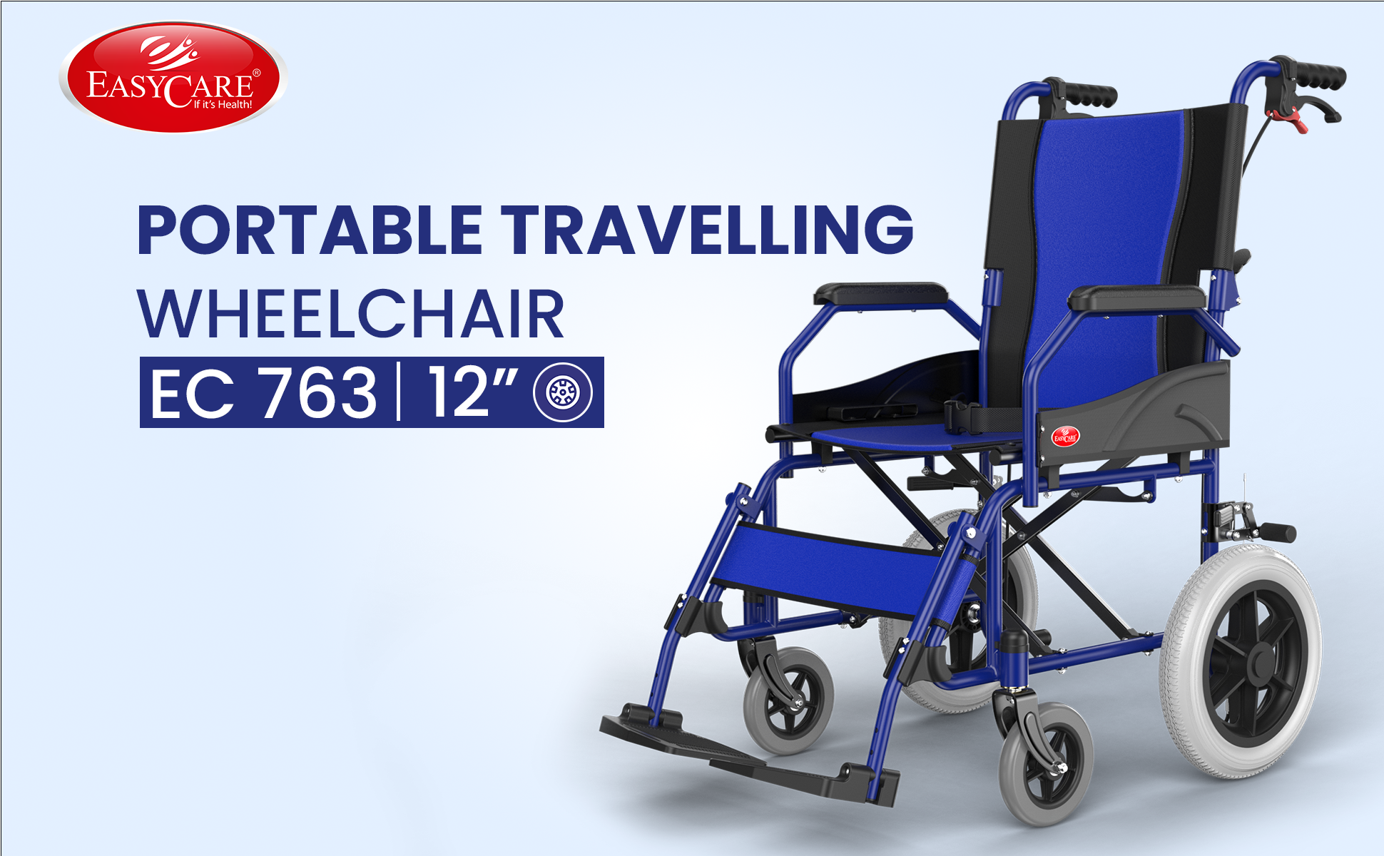 Blue portable travelling wheelchair with Easycare branding on a light blue background