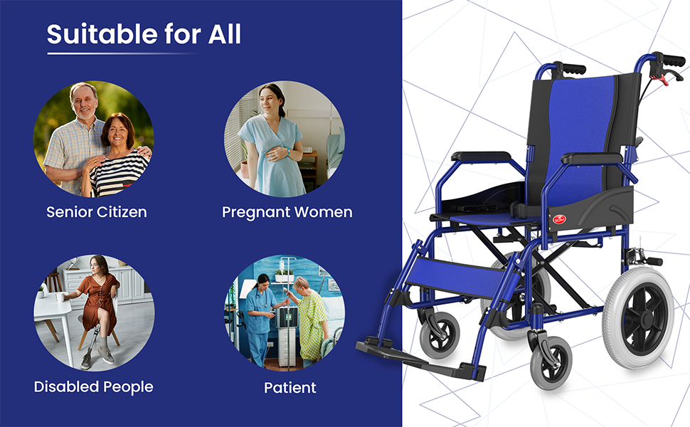 Blue wheelchair with text indicating suitability for various groups on a blue and white background