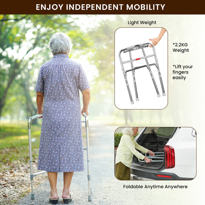 Elderly woman with grey hair using a lightweight, foldable aluminum walker for support while walking outdoors.